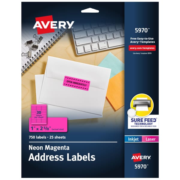 Neon Magenta Labels, 1" x 2-5/8", 750 Total
